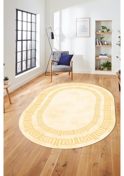 Dijital Kaymaz Taban Yıkanabilir Çerçeveli Oval Mutfak Salon Halısı, O-Çerçeveli-05-Krem,