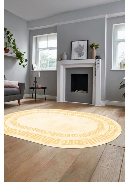 Dijital Kaymaz Taban Yıkanabilir Çerçeveli Oval Mutfak Salon Halısı, O-Çerçeveli-05-Krem,