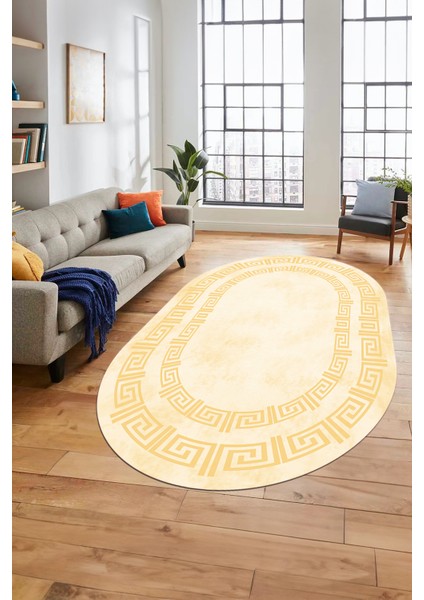 Dijital Kaymaz Taban Yıkanabilir Çerçeveli Oval Mutfak Salon Halısı, O-Çerçeveli-05-Krem,