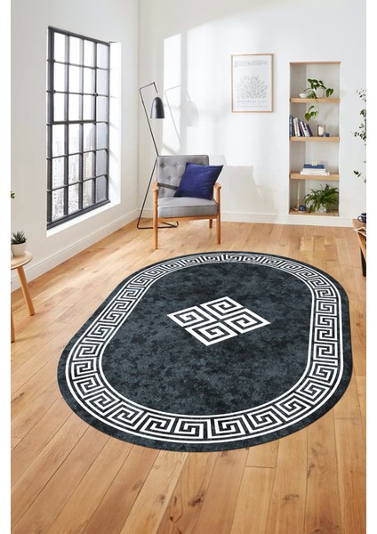 Dijital Kaymaz Yıkanabilir Göbekli Çerçeveli Oval Mutfak Salon Halısı, O-Çerçeveli-01-Füme,