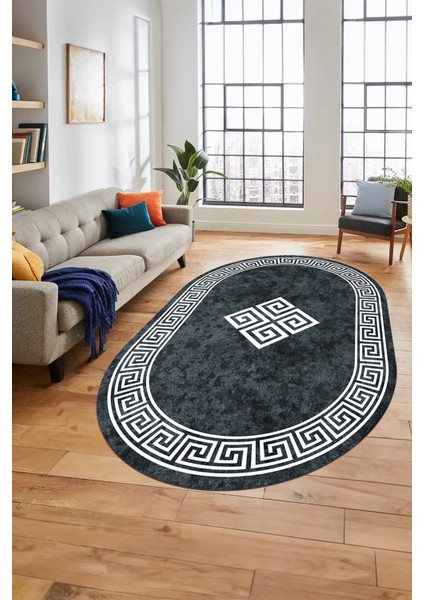 Dijital Kaymaz Yıkanabilir Göbekli Çerçeveli Oval Mutfak Salon Halısı, O-Çerçeveli-01-Füme, indirimleri