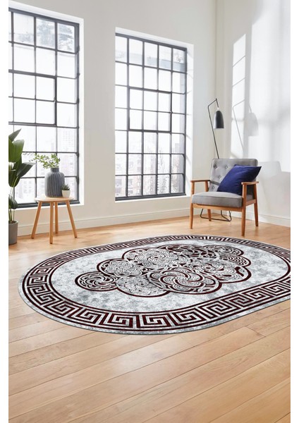 Dijital Kaymaz Yıkanabilir Modern Çerçeveli Oval Mutfak Salon Halısı, O-Çerçeveli-04-Bordo, fiyatları