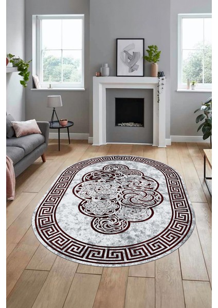 Dijital Kaymaz Yıkanabilir Modern Çerçeveli Oval Mutfak Salon Halısı, O-Çerçeveli-04-Bordo, modelleri
