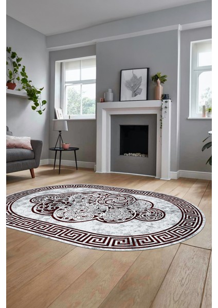 Dijital Kaymaz Yıkanabilir Modern Çerçeveli Oval Mutfak Salon Halısı, O-Çerçeveli-04-Bordo, fırsatları