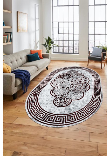 Dijital Kaymaz Yıkanabilir Modern Çerçeveli Oval Mutfak Salon Halısı, O-Çerçeveli-04-Bordo, indirimleri