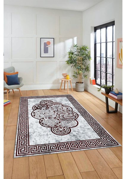 Dijital Baskılı Kaymaz Yıkanabilir Modern Çerçeveli Mutfak Salon Halısı, Çerçeveli-04-Bordo,