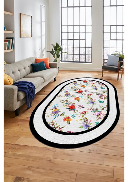 Çiçekli Çerçeve Desen Yıkanabilir Kaymaz Yolluk Mutfak Oval Salon Halısı, O-Çerçeveli-27-Beyaz,