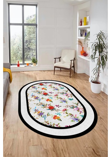 Çiçekli Çerçeve Desen Yıkanabilir Kaymaz Yolluk Mutfak Oval Salon Halısı, O-Çerçeveli-27-Beyaz, modelleri