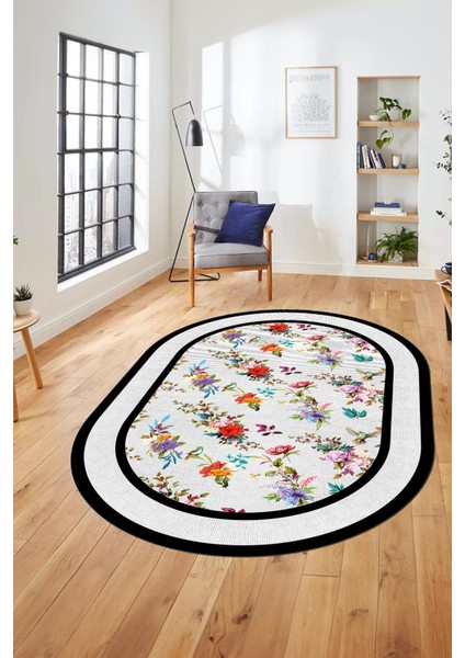 Çiçekli Çerçeve Desen Yıkanabilir Kaymaz Yolluk Mutfak Oval Salon Halısı, O-Çerçeveli-27-Beyaz, indirimleri