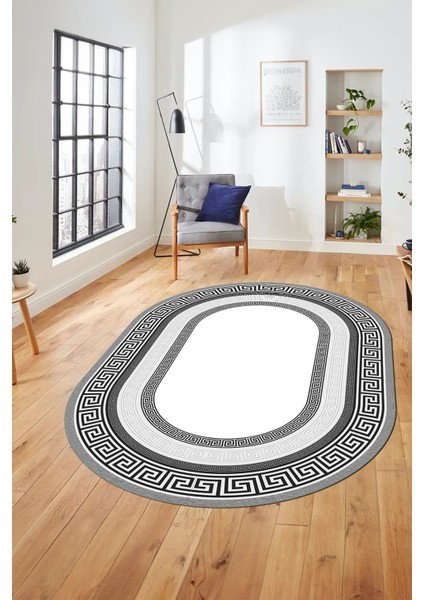 Dijital Kaymaz Yıkanabilir Çerçeveli Şık Tasarım Oval Mutfak Salon Halısı, O-Çerçeveli-03-Gri,