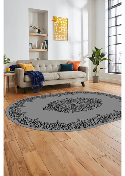 Klasik Çerçeve Desenli Yıkanabilir Kaymaz Yolluk Mutfak Oval Salon Halısı, O-Çerçeveli-22-Gri, modelleri