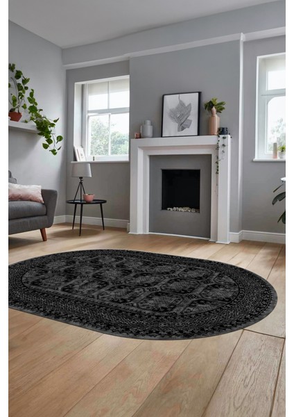 Etnik Çerçeve Desen Modern Yıkanabilir Yolluk Mutfak Oval Salon Halısı, O-Çerçeveli-20-Antrasit, fiyatları