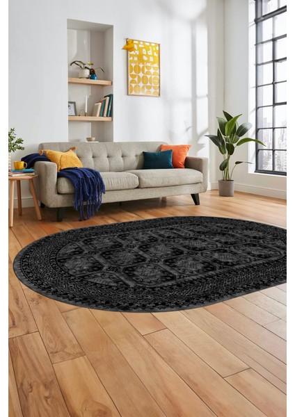 Etnik Çerçeve Desen Modern Yıkanabilir Yolluk Mutfak Oval Salon Halısı, O-Çerçeveli-20-Antrasit, fırsatları