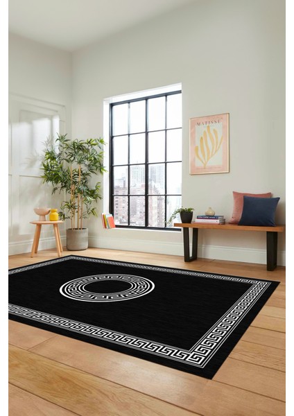 Sade Tasarım Çerçeve Desenli Modern Yıkanabilir Mutfak Salon Halısı, Çerçeveli-12-Antrasit,