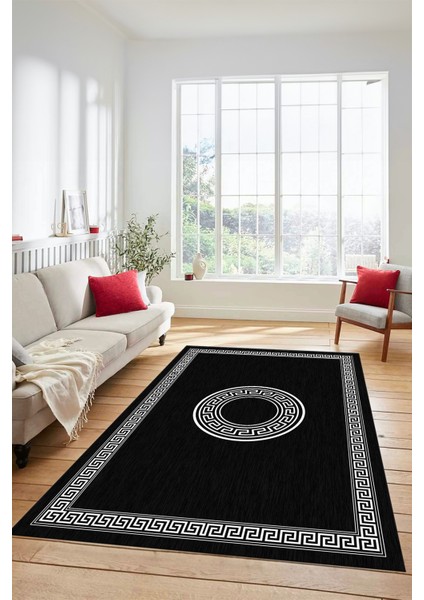 Sade Tasarım Çerçeve Desenli Modern Yıkanabilir Mutfak Salon Halısı, Çerçeveli-12-Antrasit,