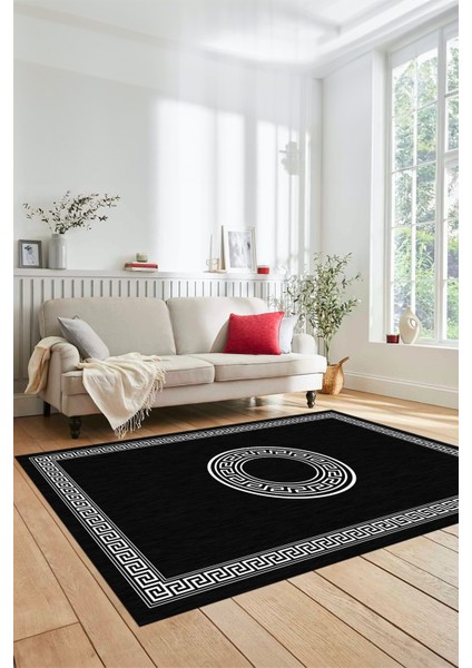 Sade Tasarım Çerçeve Desenli Modern Yıkanabilir Mutfak Salon Halısı, Çerçeveli-12-Antrasit,