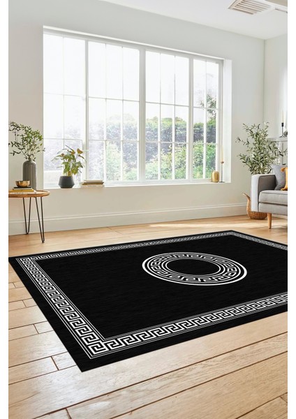 Sade Tasarım Çerçeve Desenli Modern Yıkanabilir Mutfak Salon Halısı, Çerçeveli-12-Antrasit,