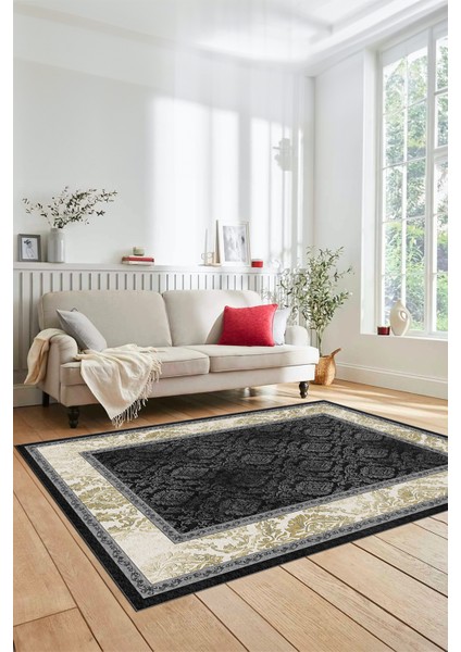 Şık Çerçeve Desenli Modern Yıkanabilir Yolluk Mutfak Salon Halısı, Çerçeveli-21-Antrasit,