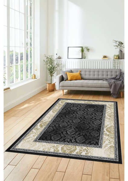 Şık Çerçeve Desenli Modern Yıkanabilir Yolluk Mutfak Salon Halısı, Çerçeveli-21-Antrasit,