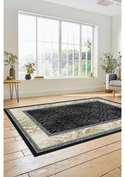 Şık Çerçeve Desenli Modern Yıkanabilir Yolluk Mutfak Salon Halısı, Çerçeveli-21-Antrasit,