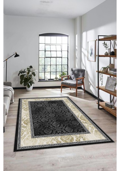 Şık Çerçeve Desenli Modern Yıkanabilir Yolluk Mutfak Salon Halısı, Çerçeveli-21-Antrasit,
