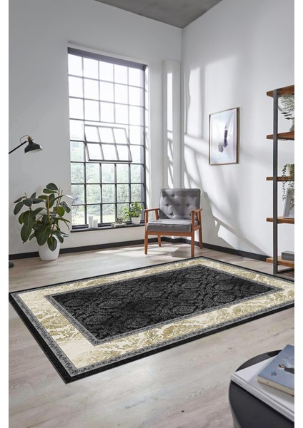 Şık Çerçeve Desenli Modern Yıkanabilir Yolluk Mutfak Salon Halısı, Çerçeveli-21-Antrasit,