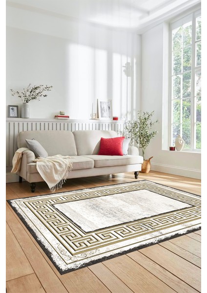 Yeni Tasarım Çerçeve Desenli Modern Yıkanabilir Mutfak Salon Halısı, Çerçeveli-09-Gold, modelleri
