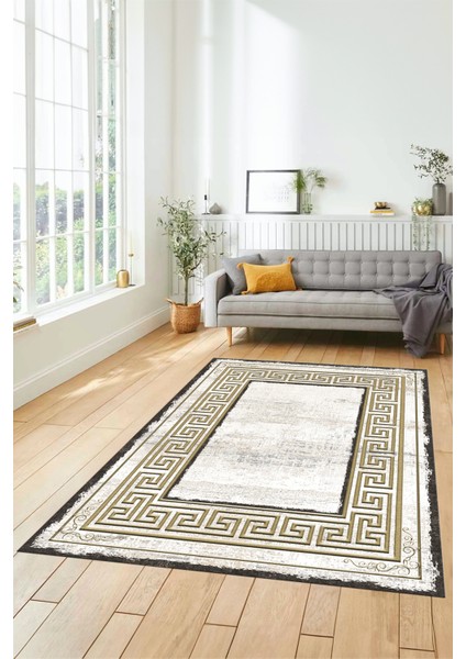 Yeni Tasarım Çerçeve Desenli Modern Yıkanabilir Mutfak Salon Halısı, Çerçeveli-09-Gold, fırsatları