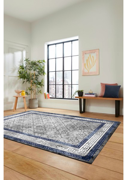 Şık Tasarım Çerçeve Desenli Modern Yıkanabilir Mutfak Salon Halısı, Çerçeveli-10-Mavi,