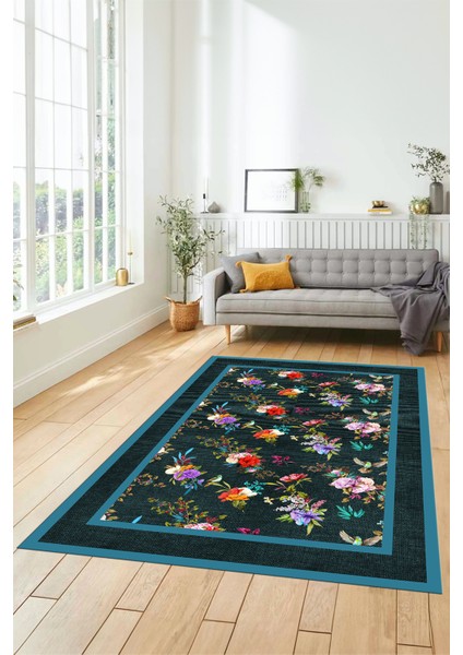 Çiçekli Çerçeve Desen Yıkanabilir Kaymaz Yolluk Mutfak Salon Halısı, Çerçeveli-27-Mavi,