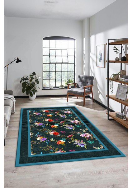Çiçekli Çerçeve Desen Yıkanabilir Kaymaz Yolluk Mutfak Salon Halısı, Çerçeveli-27-Mavi, modelleri