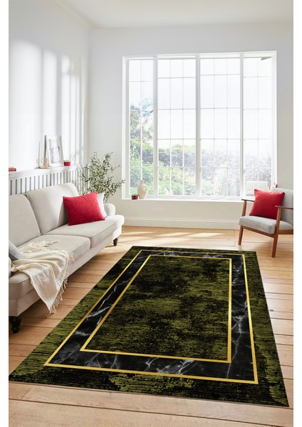 Mermer Çerçeve Desenli Modern Yıkanabilir Yolluk Mutfak Salon Halısı, Çerçeveli-18-Yeşil,