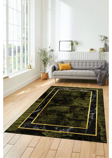 Mermer Çerçeve Desenli Modern Yıkanabilir Yolluk Mutfak Salon Halısı, Çerçeveli-18-Yeşil,