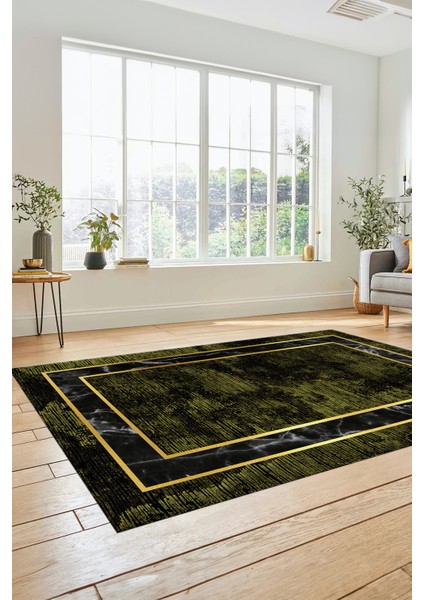 Mermer Çerçeve Desenli Modern Yıkanabilir Yolluk Mutfak Salon Halısı, Çerçeveli-18-Yeşil,