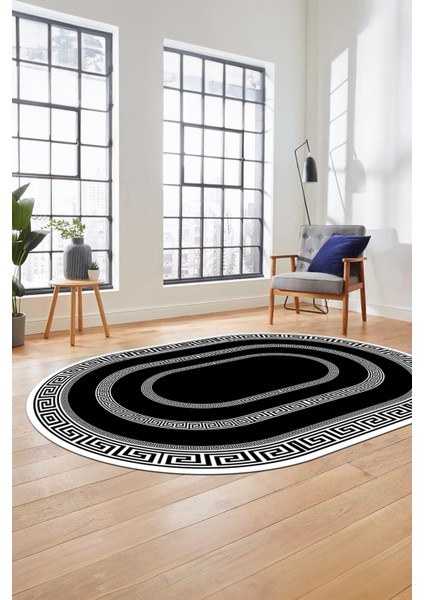 Dijital Kaymaz Yıkanabilir Çerçeveli Şık Tasarım Oval Mutfak Salon Halısı, O-Çerçeveli-03-Siyah,