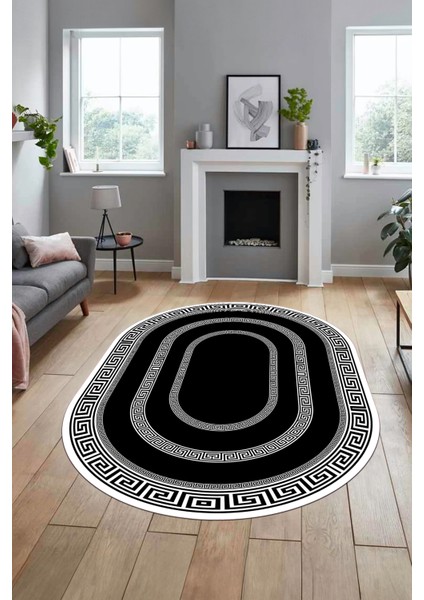 Dijital Kaymaz Yıkanabilir Çerçeveli Şık Tasarım Oval Mutfak Salon Halısı, O-Çerçeveli-03-Siyah,