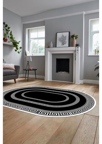 Dijital Kaymaz Yıkanabilir Çerçeveli Şık Tasarım Oval Mutfak Salon Halısı, O-Çerçeveli-03-Siyah,