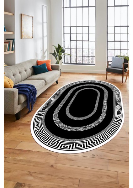 Dijital Kaymaz Yıkanabilir Çerçeveli Şık Tasarım Oval Mutfak Salon Halısı, O-Çerçeveli-03-Siyah,