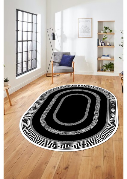 Dijital Kaymaz Yıkanabilir Çerçeveli Şık Tasarım Oval Mutfak Salon Halısı, O-Çerçeveli-03-Siyah,
