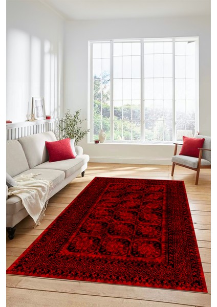 Etnik Çerçeve Desenli Modern Yıkanabilir Yolluk Mutfak Salon Halısı, Çerçeveli-20-Kırmızı,