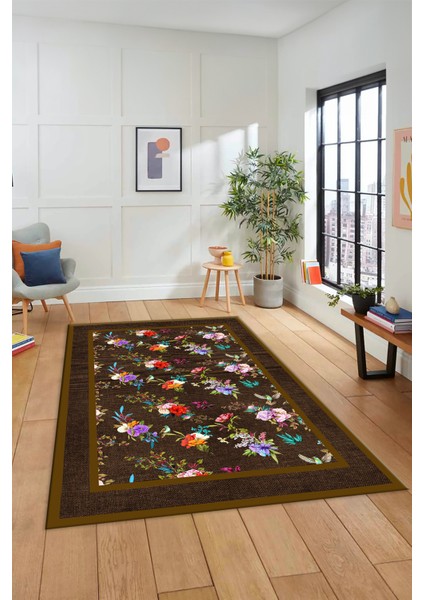 Çiçekli Çerçeve Desen Yıkanabilir Kaymaz Yolluk Mutfak Salon Halısı, Çerçeveli-27-Kahve,