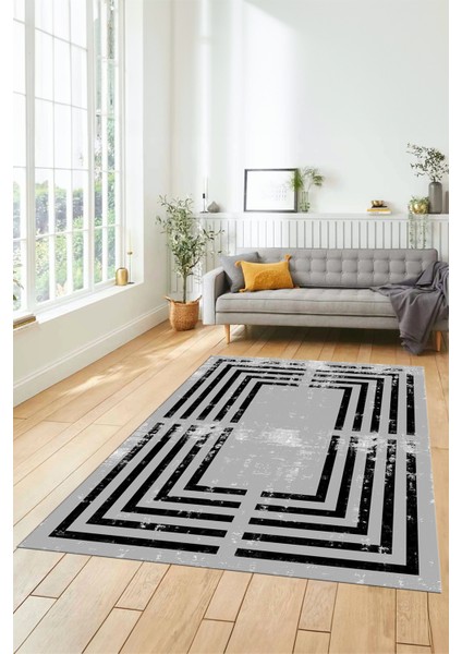 Yeni Tarz Çerçeve Desenli Modern Yıkanabilir Yolluk Mutfak Salon Halısı, Çerçeveli-15-Gri,