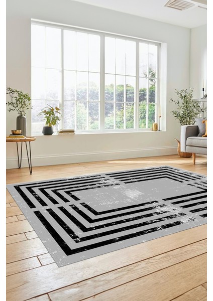 Yeni Tarz Çerçeve Desenli Modern Yıkanabilir Yolluk Mutfak Salon Halısı, Çerçeveli-15-Gri,