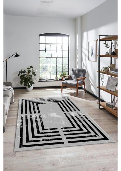Yeni Tarz Çerçeve Desenli Modern Yıkanabilir Yolluk Mutfak Salon Halısı, Çerçeveli-15-Gri,