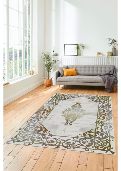 Klasik Çerçeve Desenli Modern Yıkanabilir Yolluk Mutfak Salon Halısı, Çerçeveli-19-Gold, modelleri