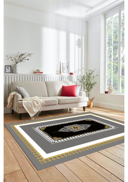 Klasik Çerçeve Desen Yıkanabilir Kaymaz Yolluk Mutfak Salon Halısı, Çerçeveli-23-Sarı,