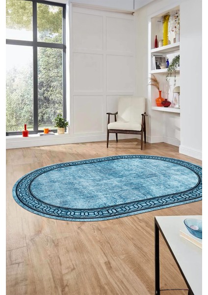 Çerçeveli Zincir Desen Yıkanabilir Kaymaz Yolluk Mutfak Oval Salon Halısı, O-Çerçeveli-31-Mavi, fırsatları
