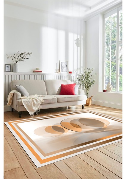 Modern Çerçeve Desen Yıkanabilir Kaymaz Yolluk Mutfak Salon Halısı, Çerçeveli-24-Bej,