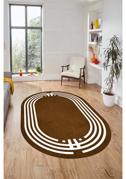 Dijital Kaymaz Yıkanabilir Modern Şık Çerçeveli Oval Yolluk Salon Halısı, O-Çerçeveli-44-Kahve,