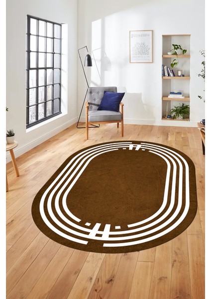 Dijital Kaymaz Yıkanabilir Modern Şık Çerçeveli Oval Yolluk Salon Halısı, O-Çerçeveli-44-Kahve, modelleri